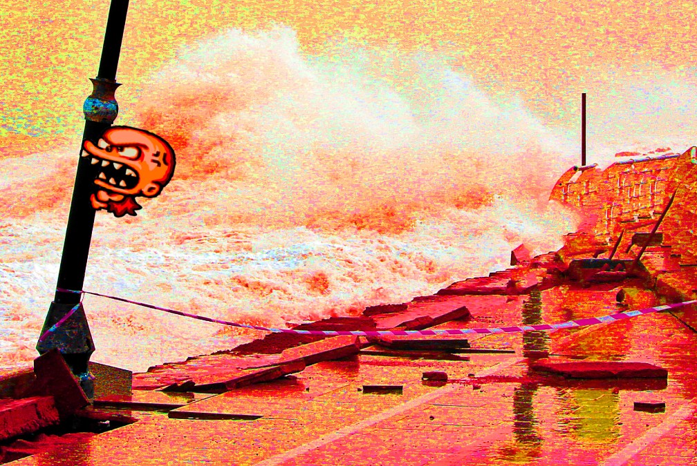 Bonk escapes from Beirut's seaside corniche which was damaged by strong and high waves in Lebanon.