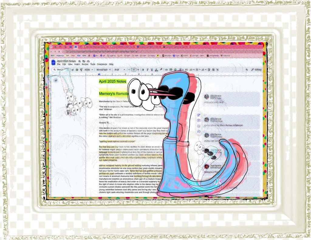 A colorful, abstract digital illustration featuring a whimsical character with exaggerated features, set against a background of text document notes and graphic elements. The character has a long, curved body and large eyes, conveying a playful and surreal vibe.